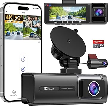 3 Channel 5G WiFi Dash Cam, 4K+1080P+1080P Dash Cam Front and Rear Inside with 64GB Card, 3.16” IPS Screen, G-Sensor, Loop Recording, Parking Monitor, 170° Wide Angle, IR Night Vision, WDR, Silver