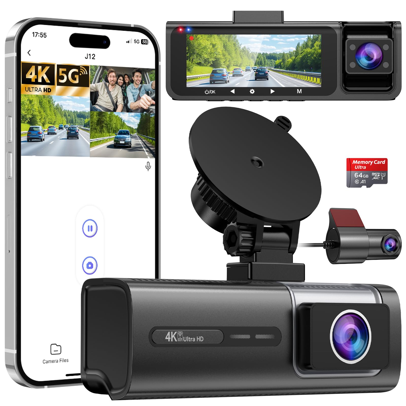 3 Channel 5G WiFi Dash Cam, 4K+1080P+1080P Dash Cam Front and Rear Inside with 64GB Card, 3.16” IPS Screen, G-Sensor, Loop Recording, Parking Monitor, 170° Wide Angle, IR Night Vision, WDR, Silver