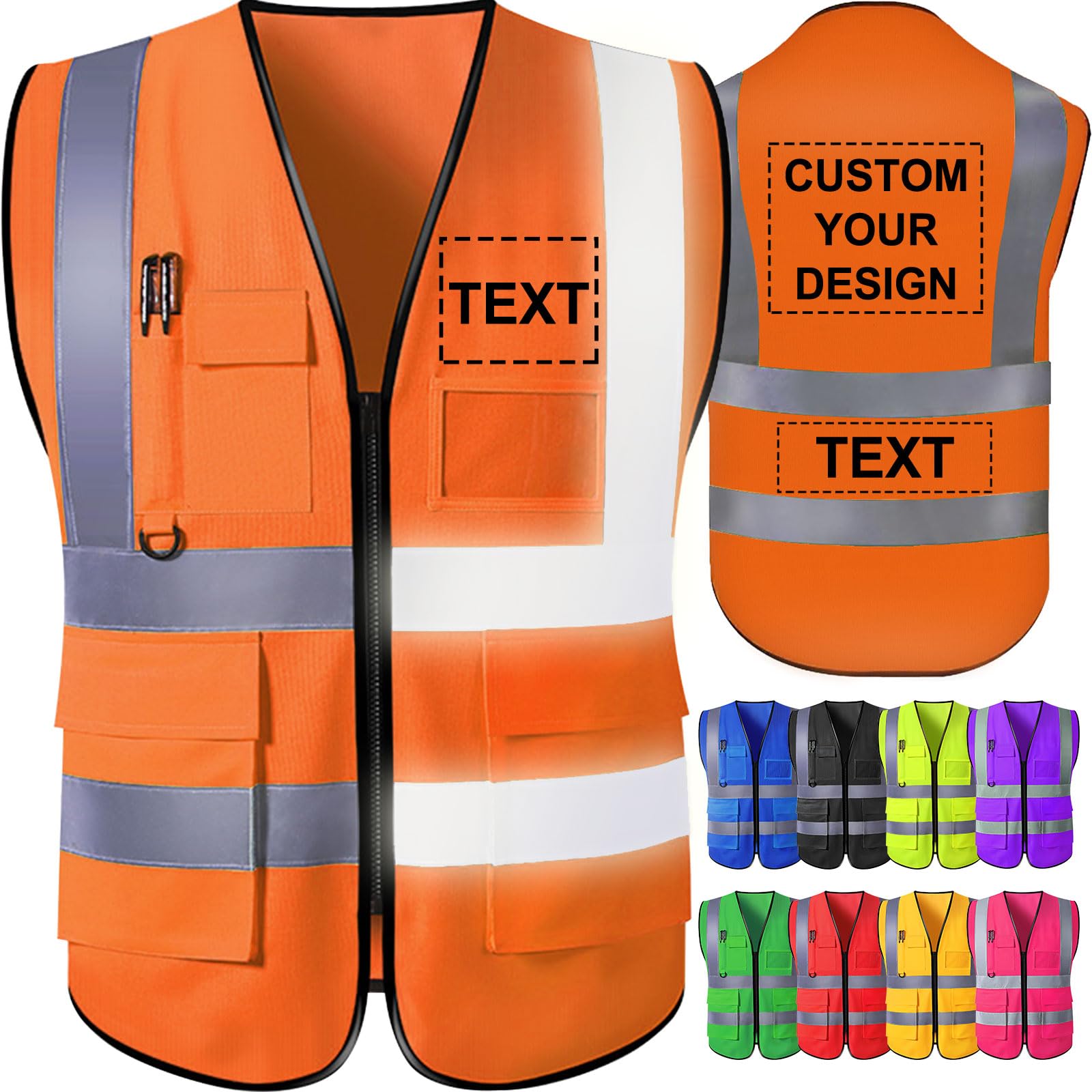 Custom Safety Vest for Men with Logo Pockets High Visibility Reflective Vests Construction Security Workwear