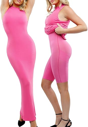 Popilush Shapewear Dress Built in Bra - Maxi Bodycon Dresses Mock Neck Sleeveless Summer Dress for Women