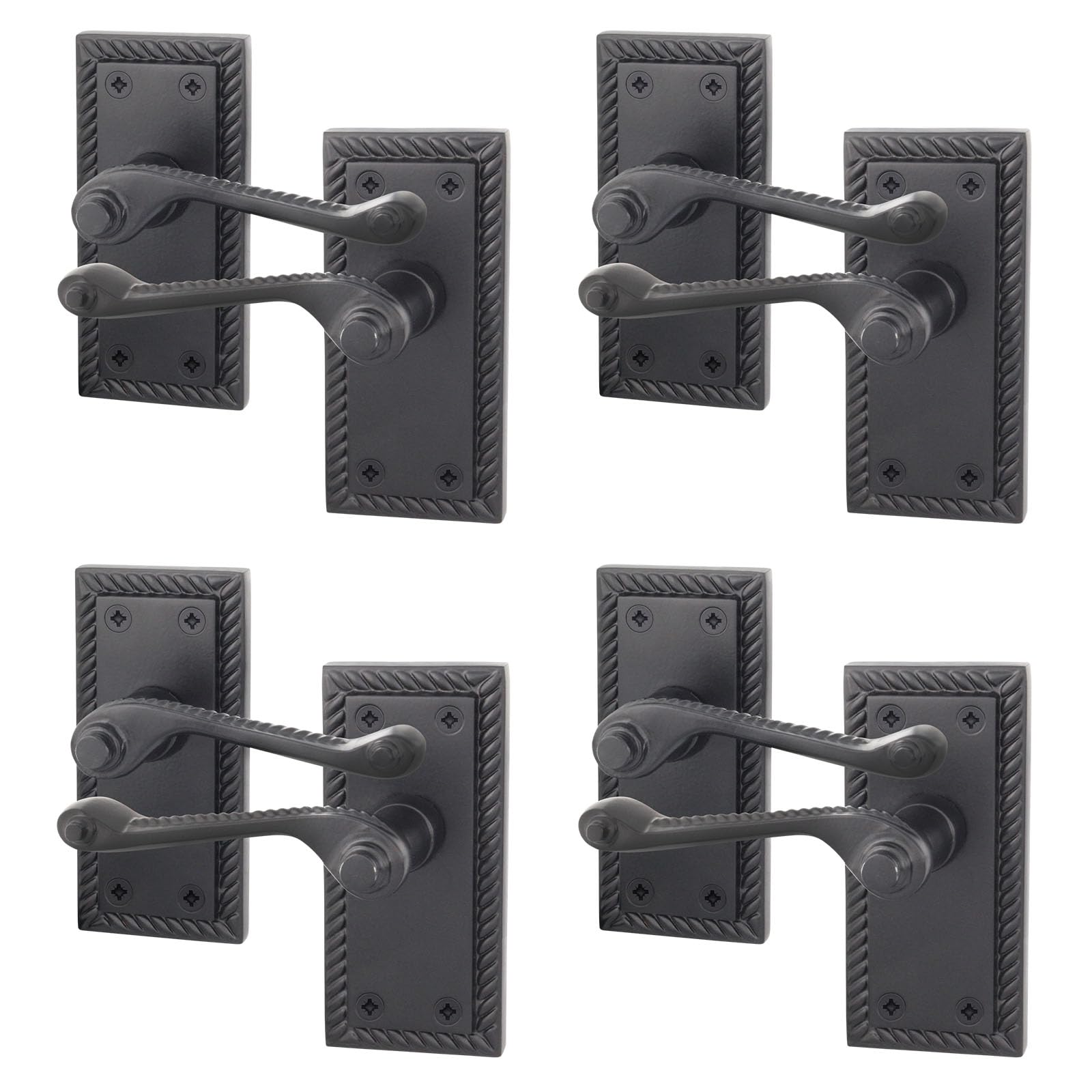 EAI Matt Black Door Handles, 4 Pairs on Backplate - Rope Scroll