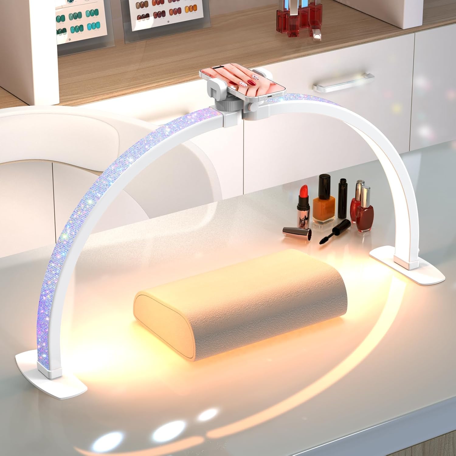 Professional Large Half Moon Light for Nail Desk with Phone Holder, 29" Arch Light for Nail Techs Nail Desk Lamp for Manicure Table, Salon, Nail Tech Lamp with Rhinestone-Encrusted(White, Large)