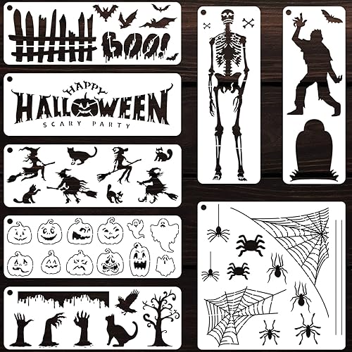 Halloween Stencils 8 Pack, 10.8x3 9x9 Inch Spooky Templates for