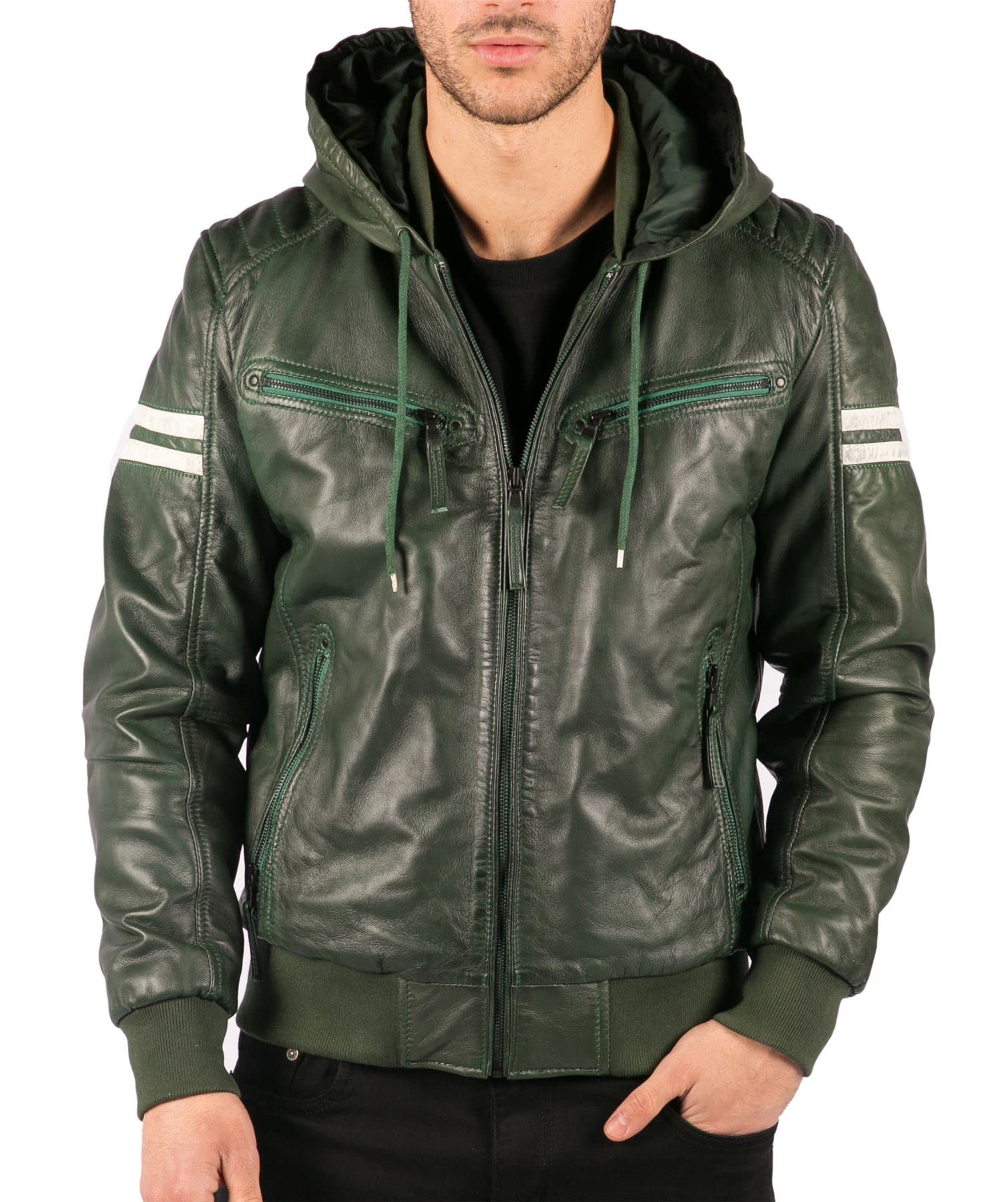 Truclothing Men's Green Bomber Jacket Outwear Windproof Winter Real Leather Jackets Coat Quilted Hood - 3XL