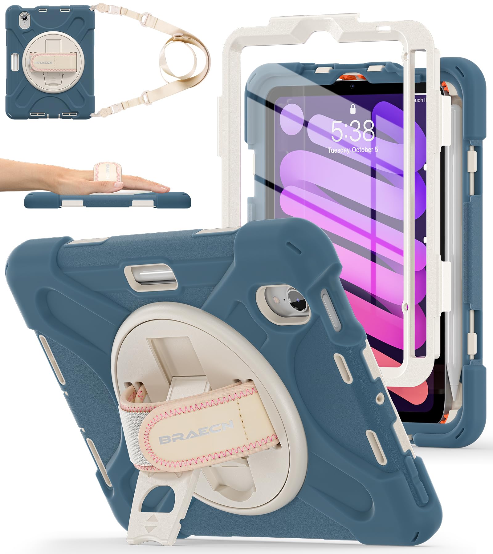 BRAECNstock for Apple iPad mini 7 (A17) Pro/Mini 6 Case 2024/2021 8.3", Rugged Protective iPad mini 7th/6th Gen Case with Screen Protector, Pencil