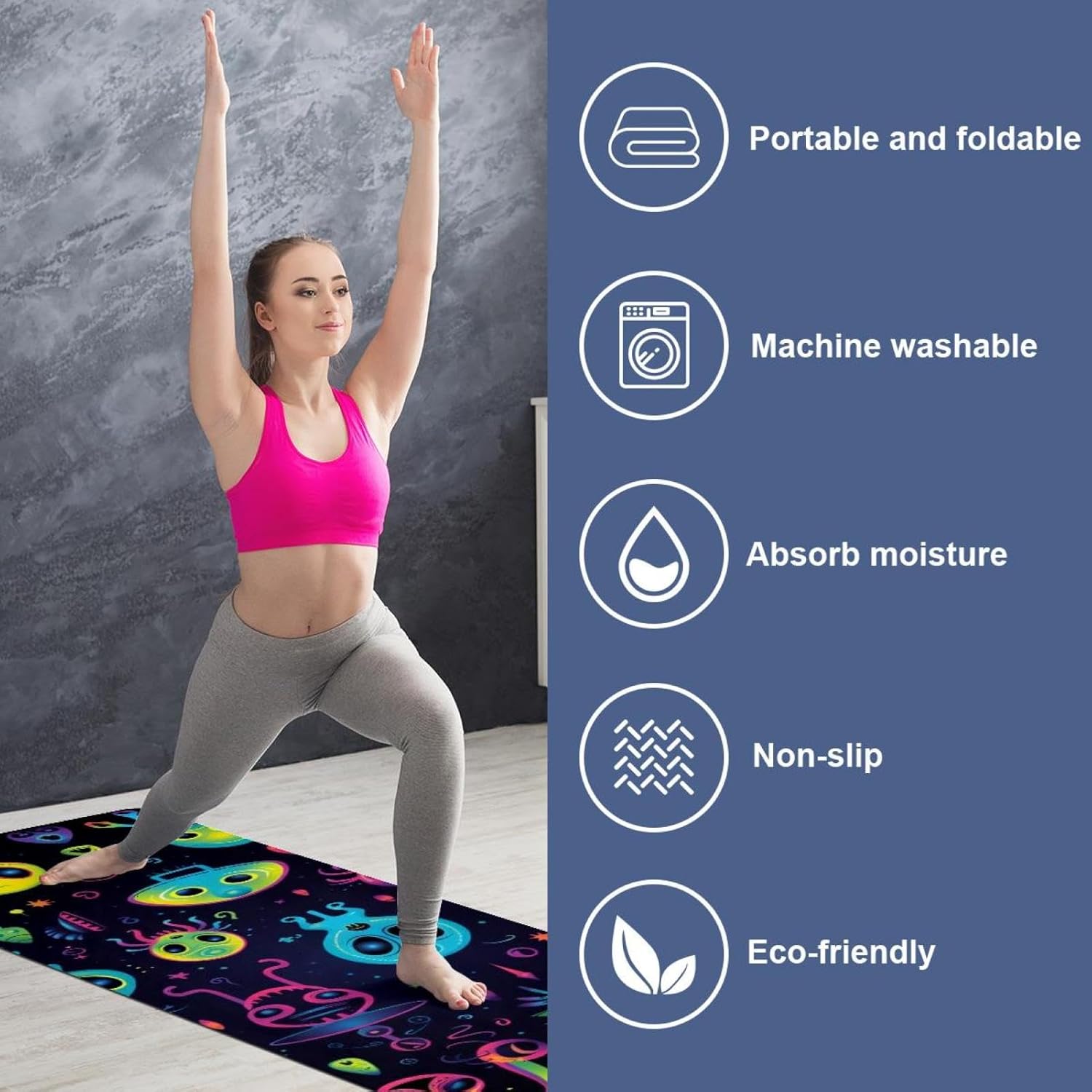 Yoga Towel, Outer Space Alien Pattern Non Slip Sweat Absorbent Hot Yoga Mat Towel for Hot Yoga, Pilates and Fitness - 72.8" x 26.8"