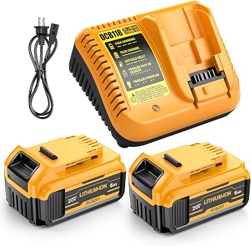 Upgraded 2 Pack 20v Max 6.0mAh Replace Battery for DE-Walt, DCB200 DCB201 Replacement Battery with DCB201 Battery Charger Station