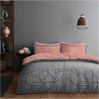 Lions 4 Piece Complete Bedding Set – Geometric Pink Grey Printed 1x Double Duvet Cover 2x Pillowcase 1x Fitted Sheet, Ultra Soft Reversible Poly Cotton Quilt Covers