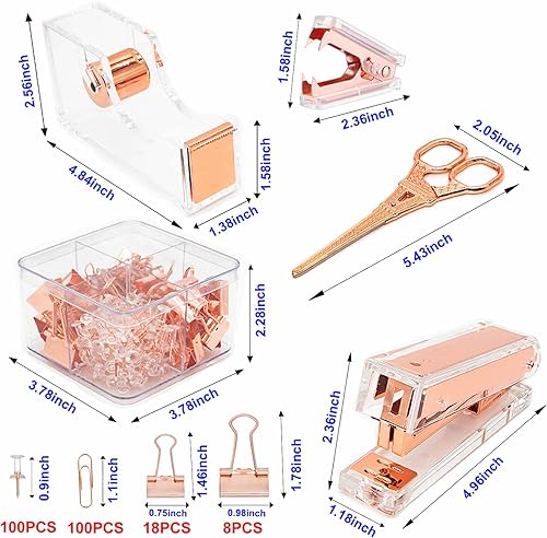 Miniatura 9 de Gutyble Rosegold - Juego de suministros de oficina el paquete contiene grapadora dispensador de cinta removedor de grapas tijeras clips de carpeta