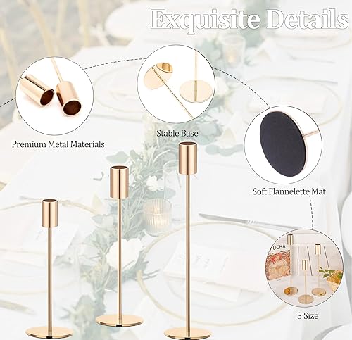 Miniatura 4 de Juego de 3 portavelas cónicos dorados, portavelas de metal dorado, portavelas alto, se adapta a velas LED y velas LED de 34 pulgadas de grosor, para