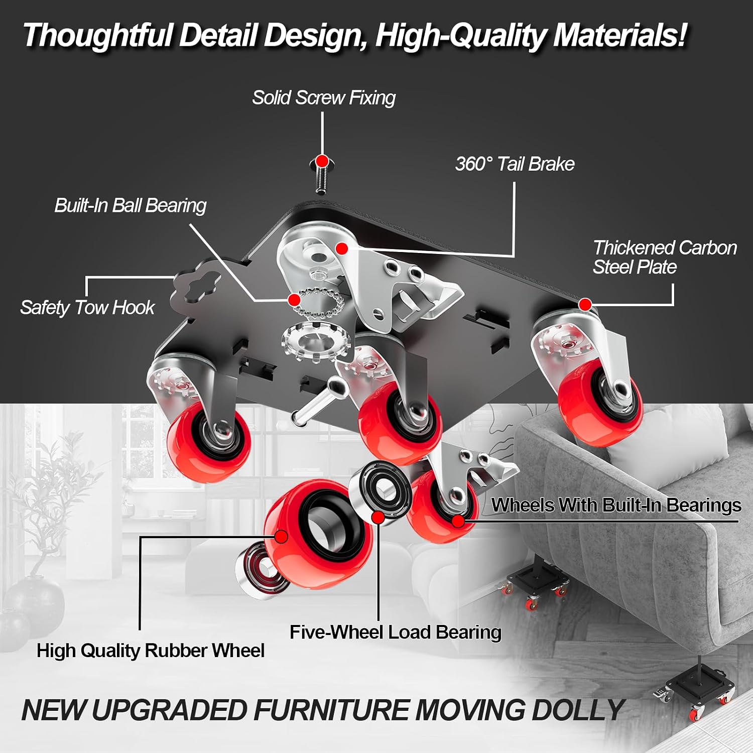 MYUEA Furniture Dolly 5 Wheels Heavy Duty with Removable Side Guards,3307 Lbs Capacity,360° Rotating Wheels & Tail Brake,Furniture Movers Lifter Tool with Wheels for Appliances,Sofas,Beds,Pianos