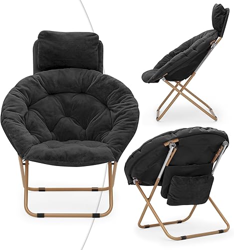 Miniatura 8 de Magshion Silla platillo con reposacabezas extraíble, silla plegable de luna para adultos, asiento de lectura cómodo de gran tamaño para dormitorio,