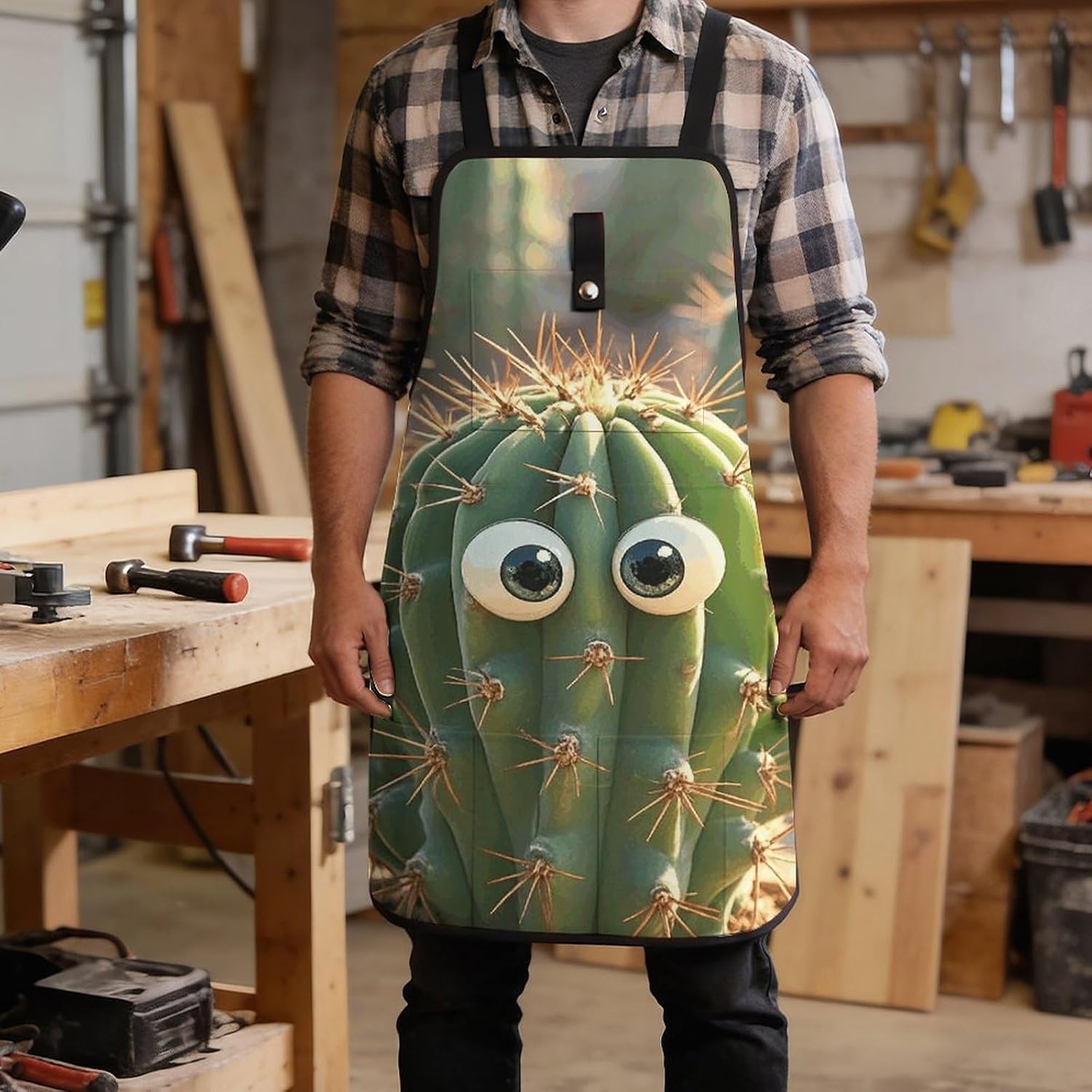 Cute Cactus Tool Apron with Quick-Release Buckle,Tool Bag X-Cross Back, Adjustable Waist,Woodworking Apron for Workshop,Carpentry,Mechanics image 5