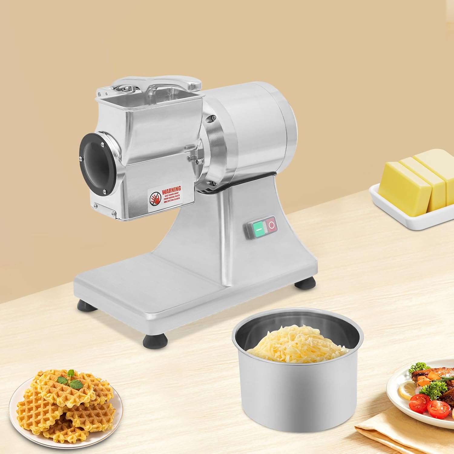 550W Electric Cheese Grater for Block Cheese, Commercial Cheese Shredder with Safety Shield & Bucket, 88Lbs/Hour Stainless Steel Cheese Grinder