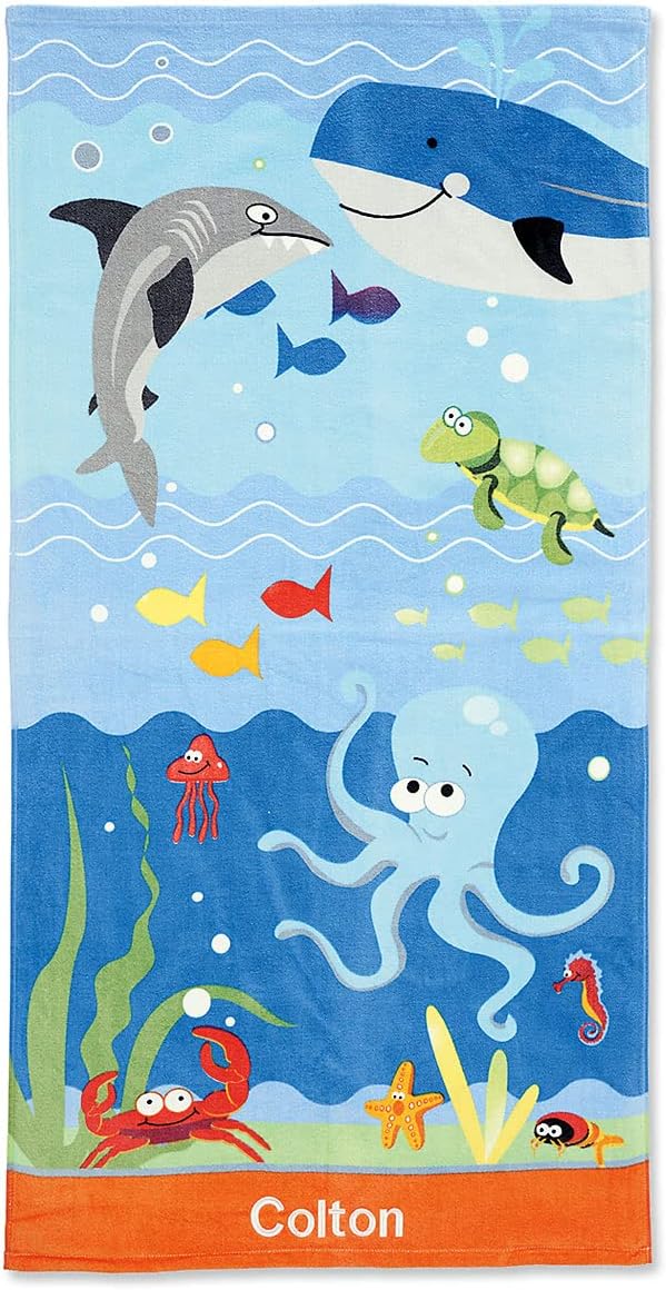 Lillian Vernon Under The Sea Personalized Boys Towel - Custom Embroidered with Name or Monogram, Extra Large 30” x 60” Kids Towels, Quick Dry Design for The Beach, Pool, or Bath, Plush 100% Cotton