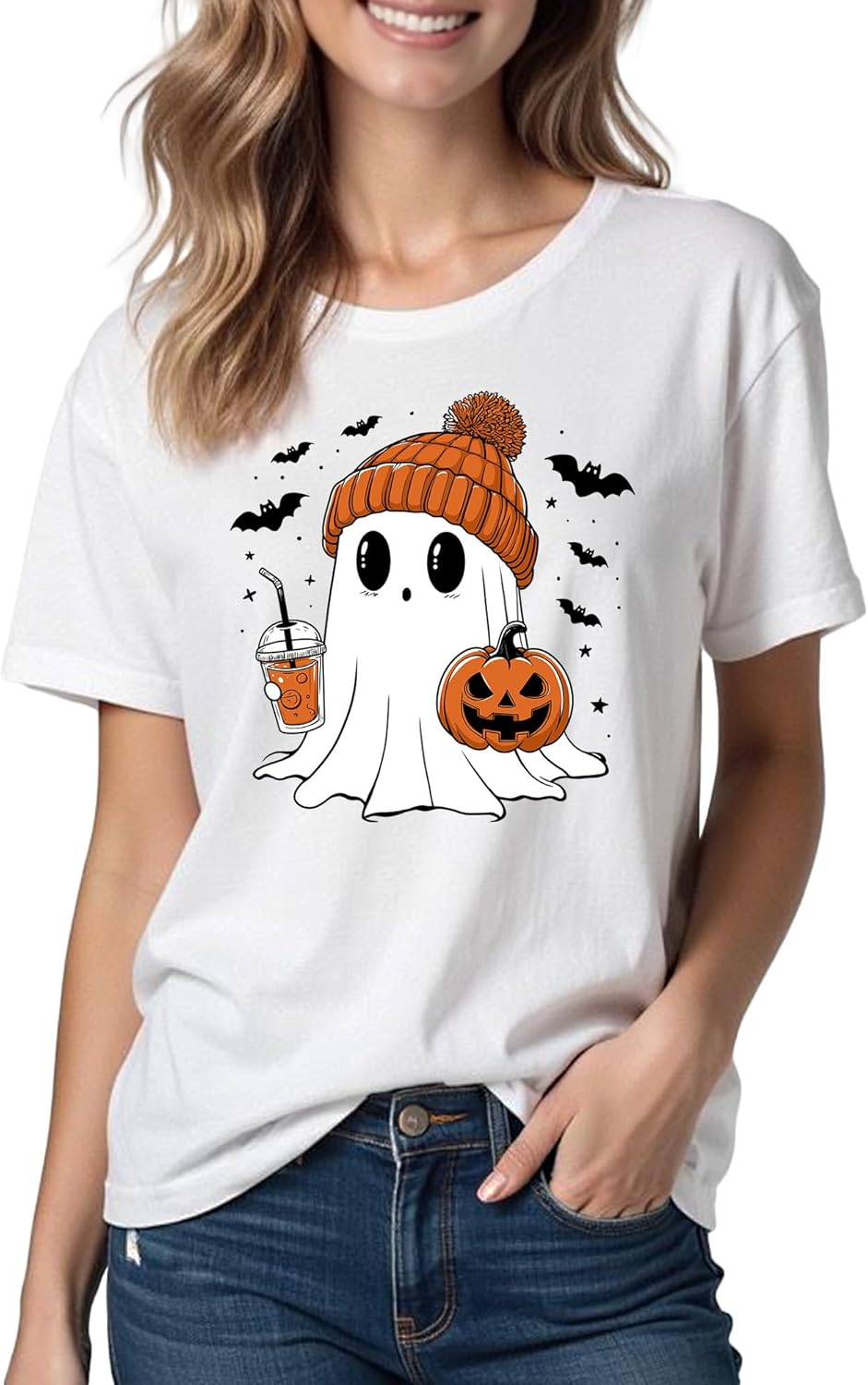 Halloween Shirts for Women: Pumpkin Ghost Print Funny Crewneck Short Sleeve Top for Costumes Autumn Party Graphic T-Shirt XX-Large White