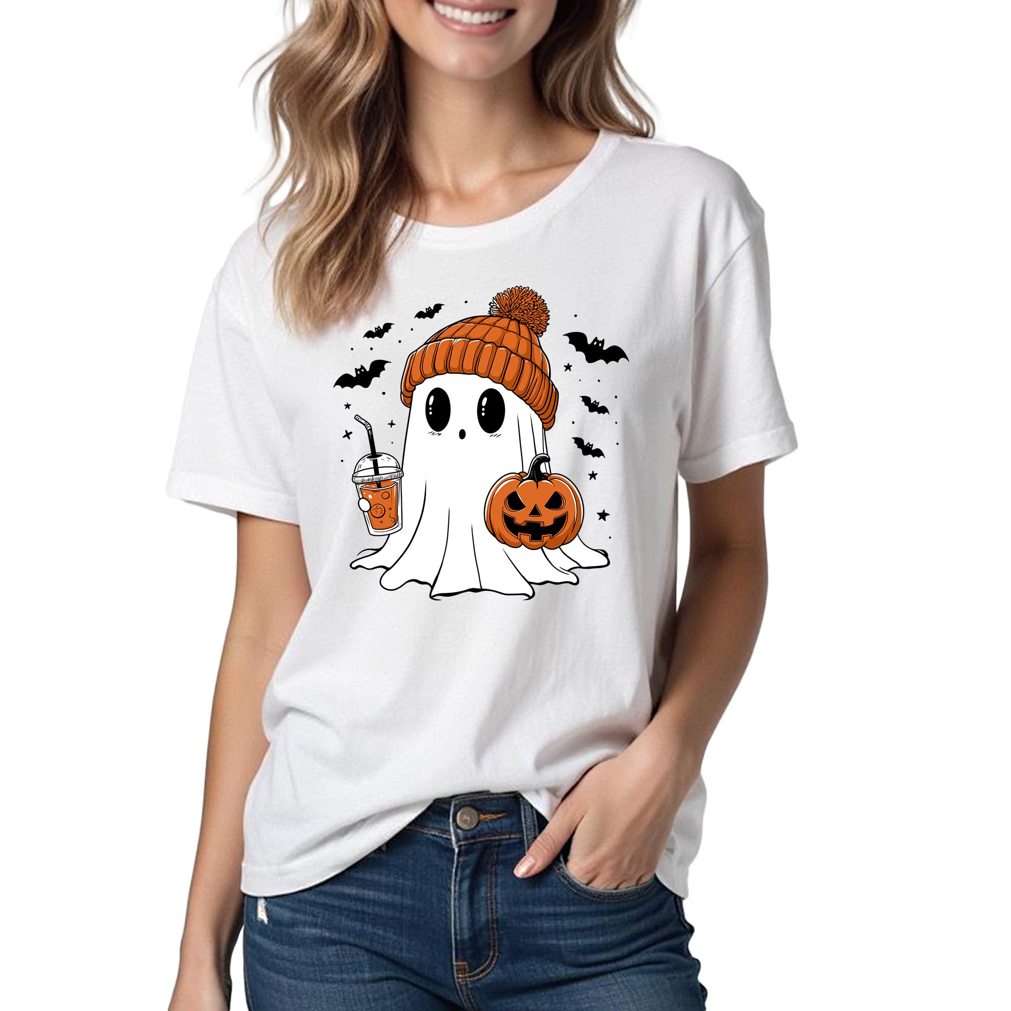 Halloween Shirts for Women: Pumpkin Ghost Short Sl...