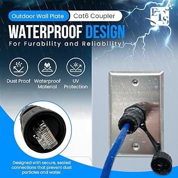 Stainless Steel Ethernet Wall Plate with Single RJ45 Waterproof CAT6 Jack - Outdoor IP68 Ethernet Wall Outlet for Secure PoE and Data Connection