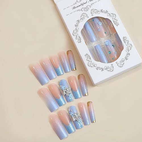Miniatura 4 de MISUD Uñas postizas cuadradas a presión, largas y cuadradas, brillantes, con pegamento, color azul de verano, uñas acrílicas degradadas con mariposa