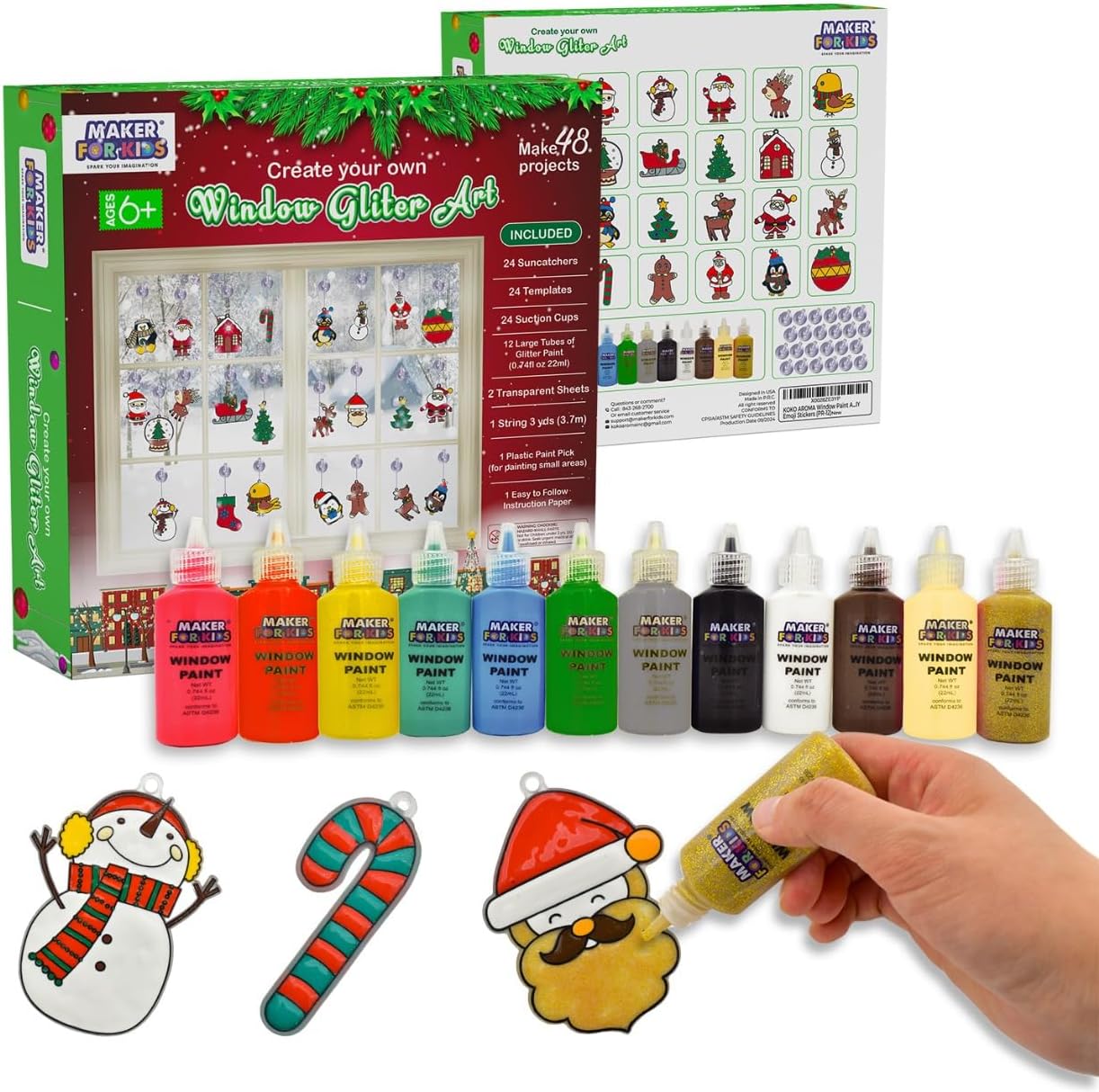 KOKO AROMA Create Your Own Suncatchers for Window Hanging – [24] Sun Catchers [12] Glitter Paints Arts and Crafts for Kids Holiday Christmas