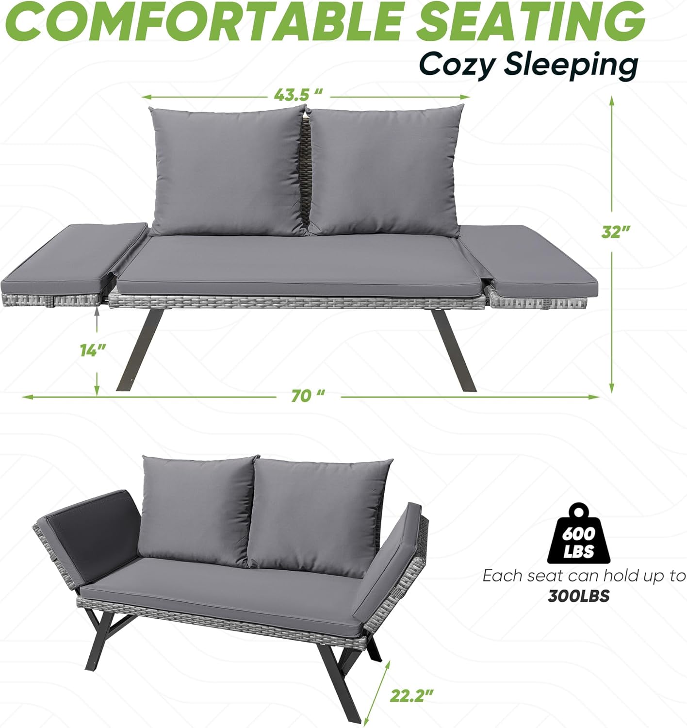 Greesum Outdoor Sofa, Woven Rattan Patio Furniture, Convertible Daybed or Double Chair with Adjustable Armrests, Cushions and Pillows for Yard, Porch, Pool, Gray Lounger & Blue Pillowcase