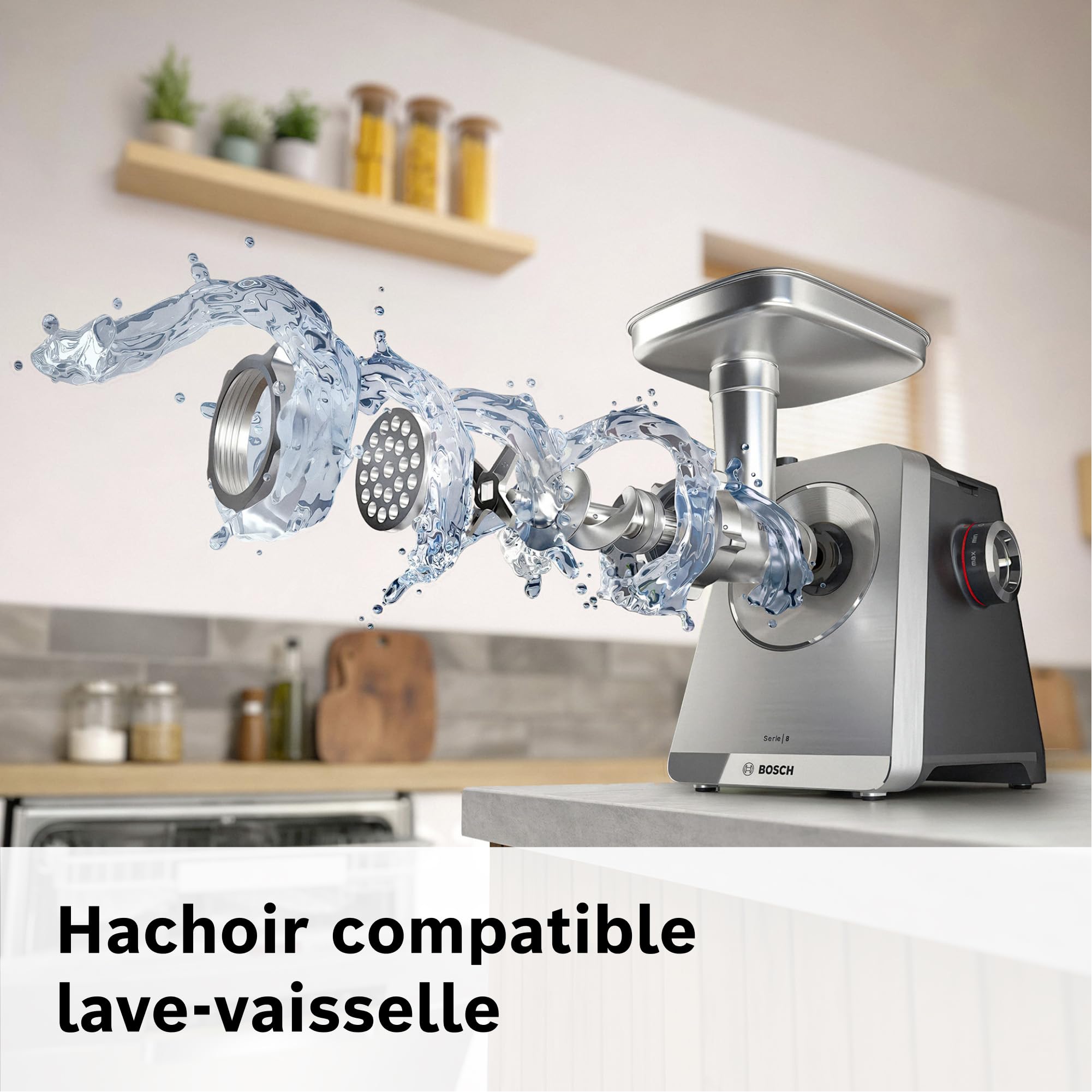 Bosch MultiPower Série 8, hachoir multifonction, puissance moteur bloqué 2500 W, hachoir à viande, râpe, accessoires saucisse et kebbe, noir, MFWS840M