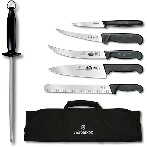 Victorinox Swiss Army 7-Piece Natural Competition BBQ Set with Black Fibrox Pro Handles and Knife Roll (46135US2)