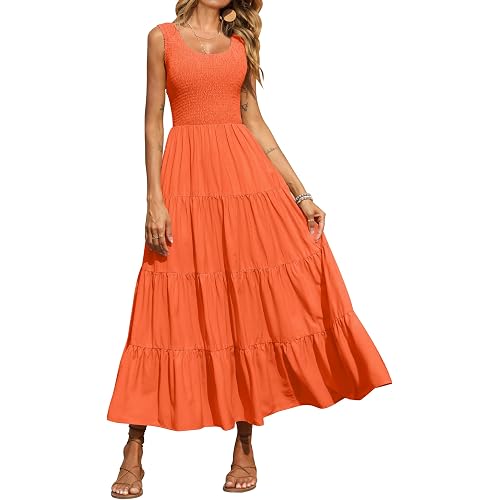 PRETTYGARDEN Womens Smocked Sleeveless Tiered Long Dresses