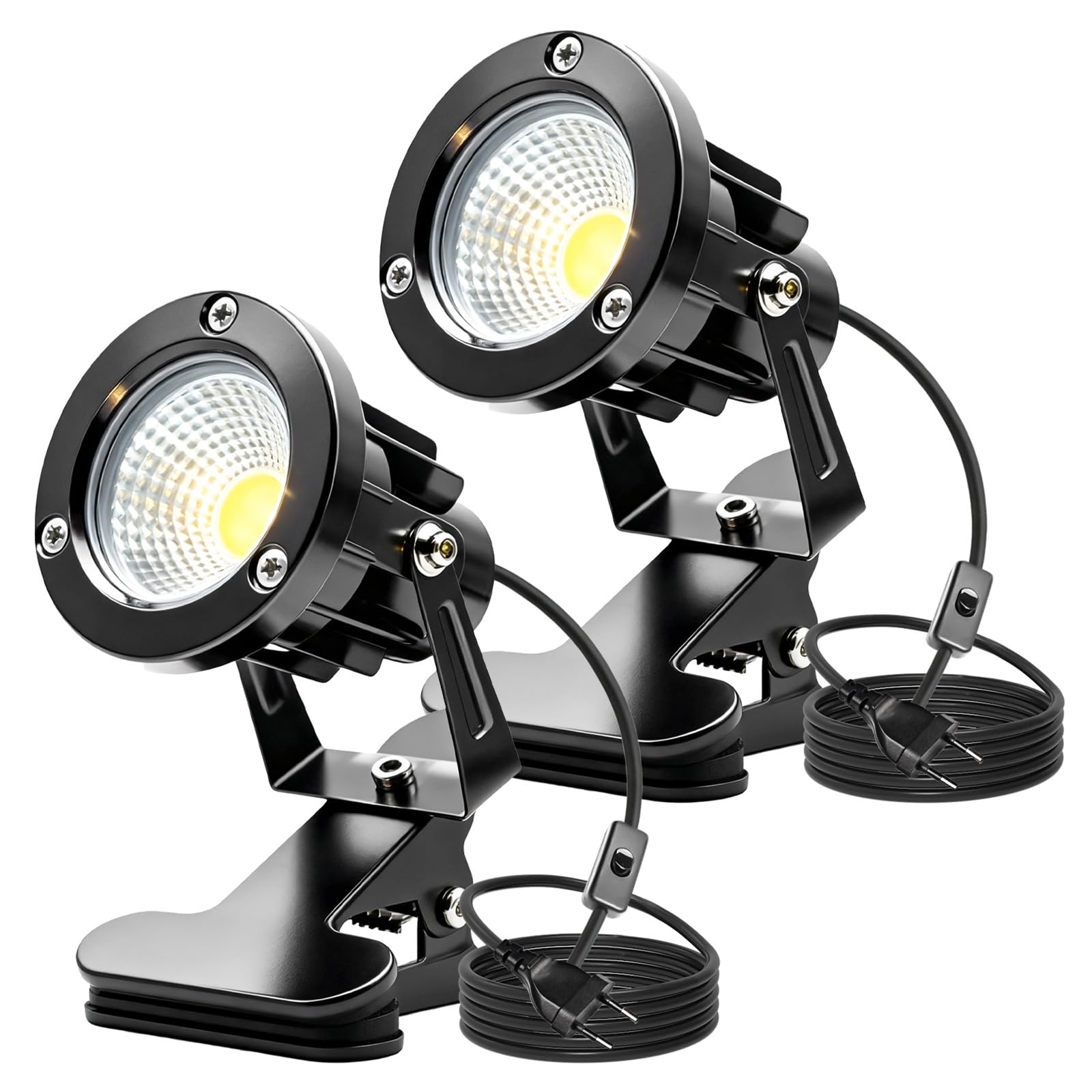 GBKDQQ 2 faretti LED a morsetto con spina e interruttore, IP65, impermeabile, per interni ed esterni, 10 W, con cavo da 1,5 m, per esterni (bianco caldo)