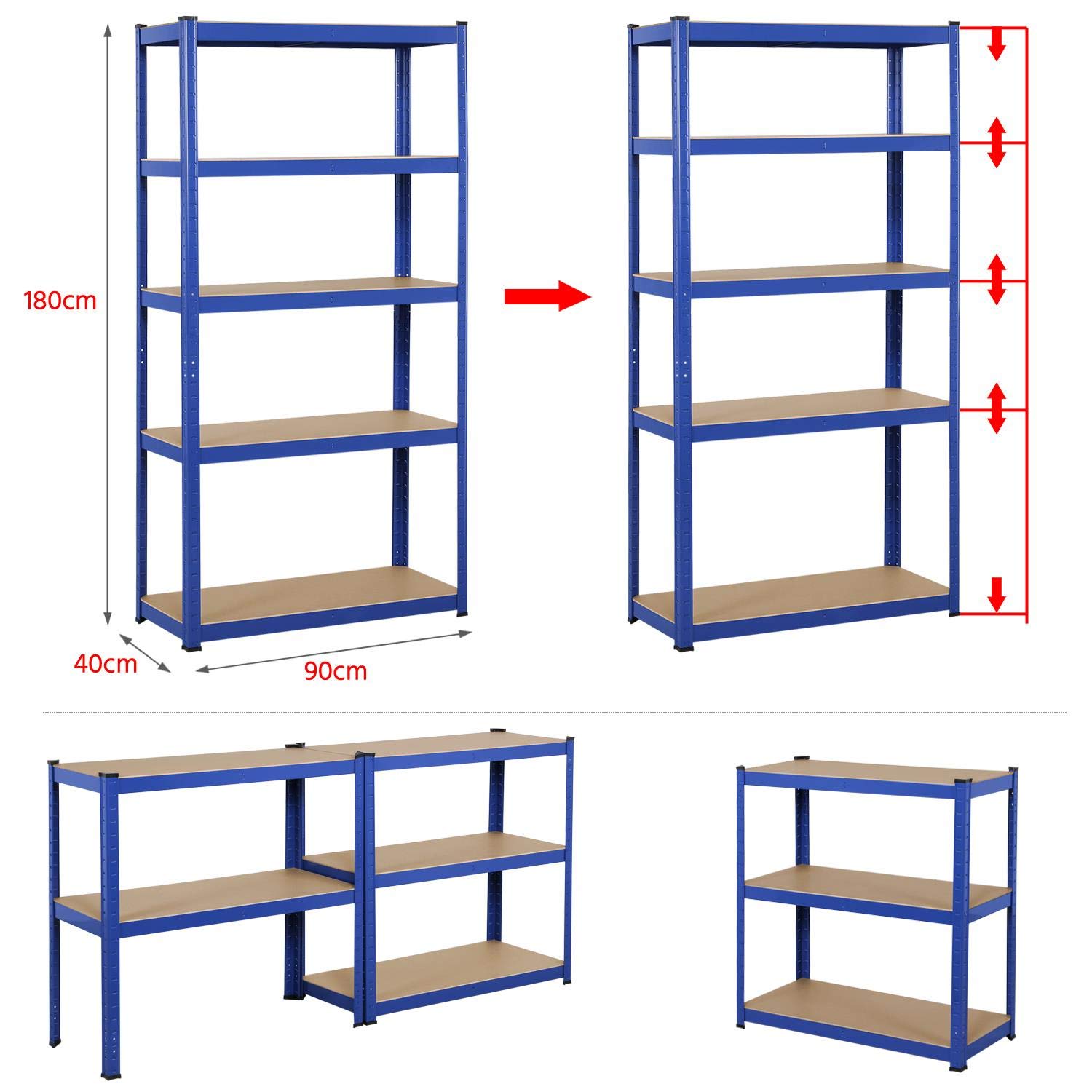 Yaheetech Estantería Metálica de Almacenaje 180x90x40cm Estanteria Trastero de 5 Niveles Estante de Almacenamiento para Garaje Taller sin Tornillos Carga de 875 kg Azul