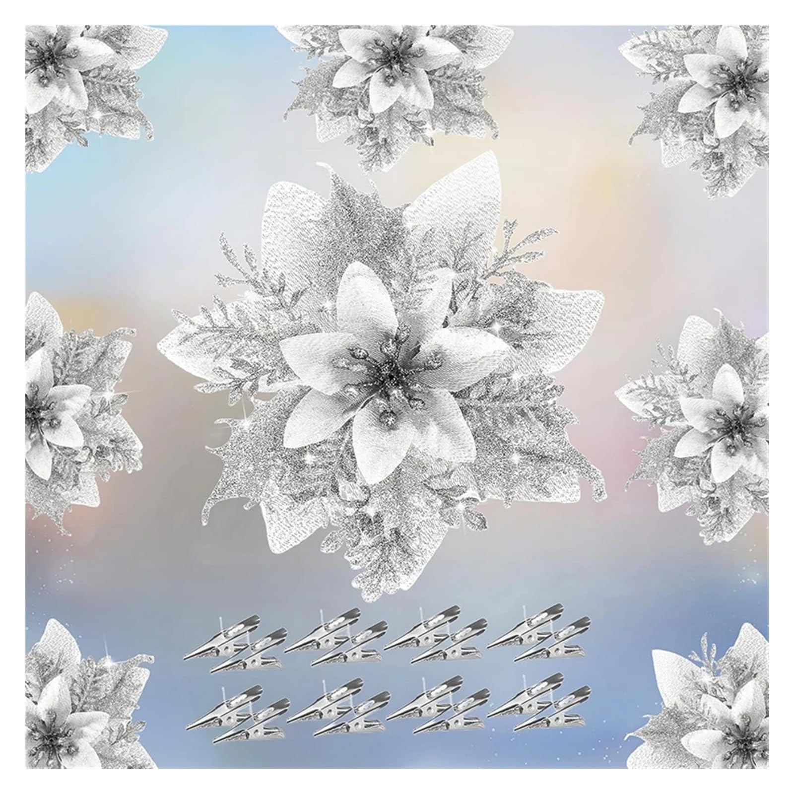 CVEVSFG 2/5Pcs 14cm Glitter Artifical Flowers Mreey Tree Decor Happy Year Ornaments Xmas Fake Natal(Sliver,2Pcs)