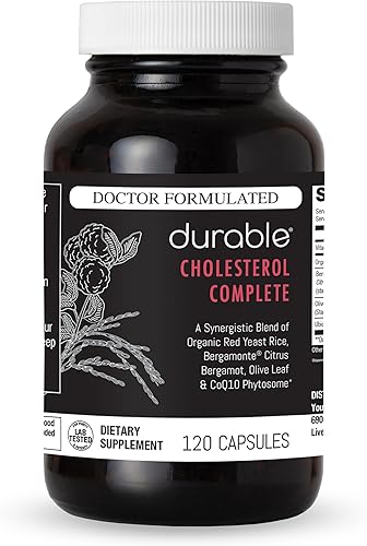 Durable Colesterol Complete  Arroz orgánico de levadura roja 1,600 mg + Bergamonte Citrus Bergamota 1,000 mg + Ubiqsome CoQ10 + Hoja de Olivo +