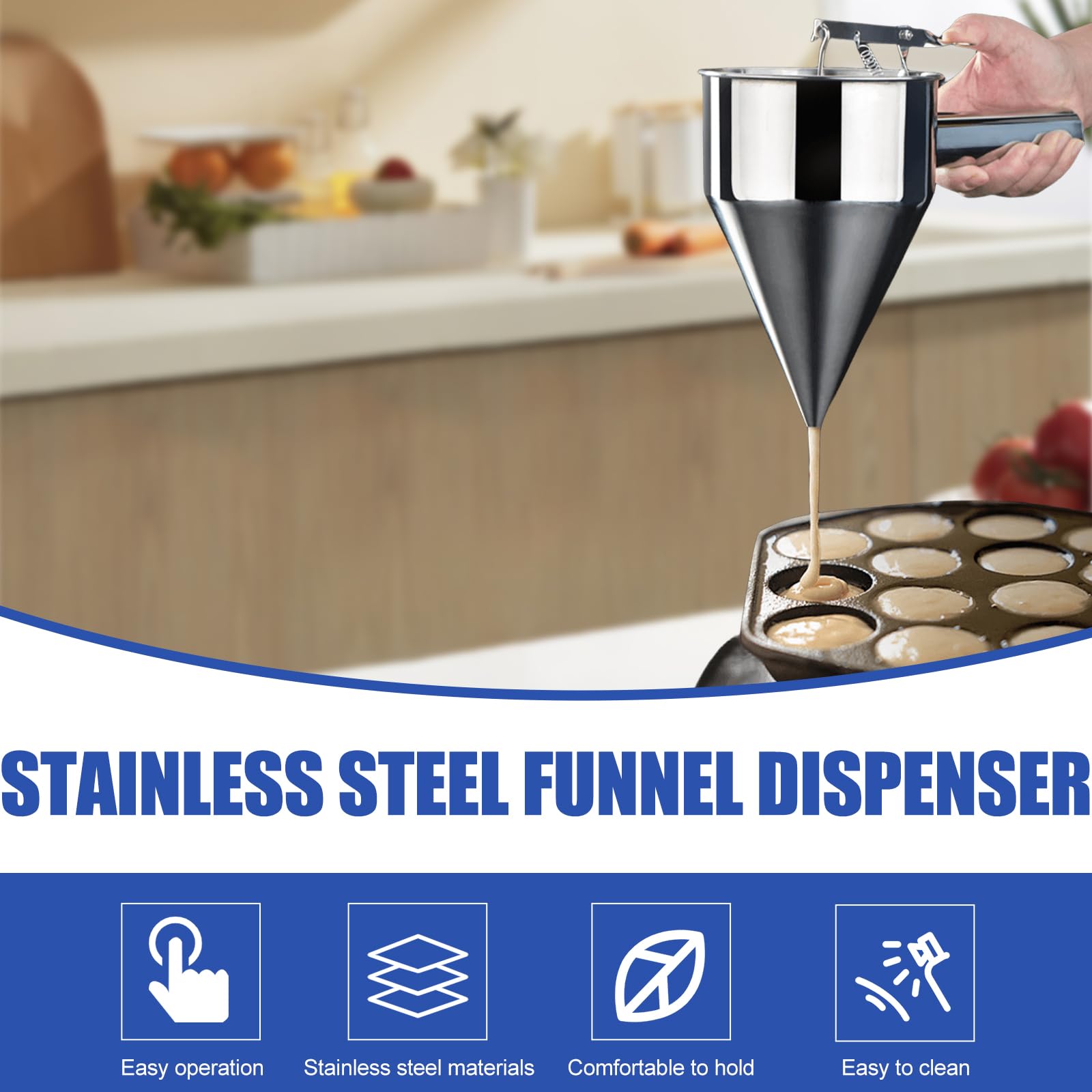 Distributore di pasta da 1,2 l, in acciaio inox, con supporto, coperchio e 4 imbuti, per torte
