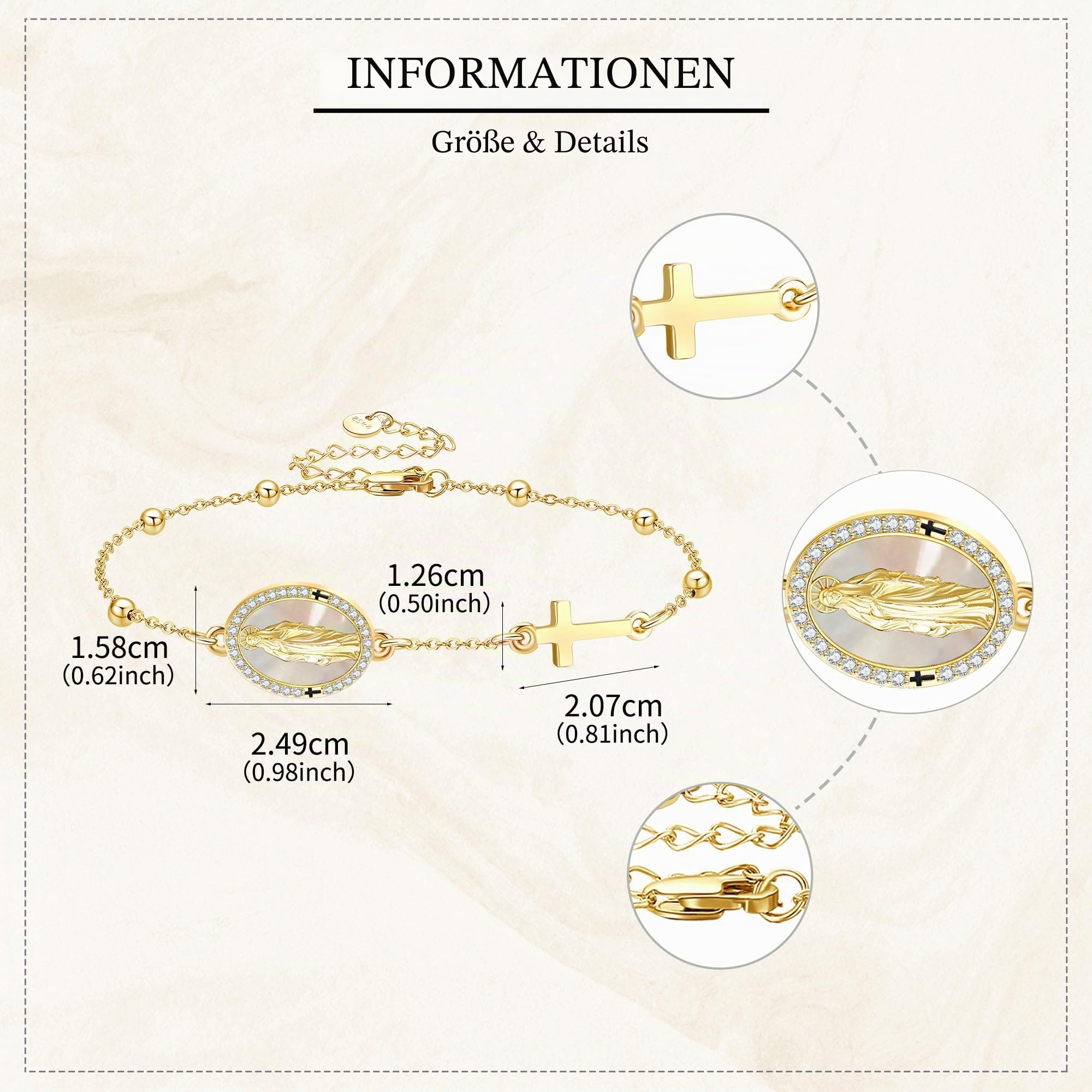 DAYLINLOVE Religiöse Armband 925er Sterling Silber Jungfrau Maria Kreuz Rosenkranz Perle Perlmutt Abalone Muschel Armband Virgen De Guadalupe Christliche Katholische Schmuck Geschenk für Damen Mädchen