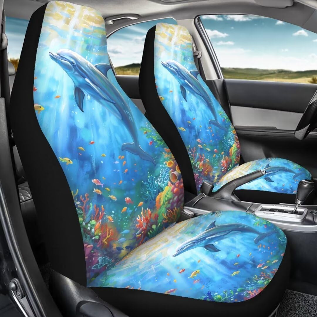 Dolphin Seaweed Car Front Seat Covers Anti-dust Interior Accessories,2 Pcs Seat Cushion for Cars Universal Auto Cushion Covers for Almost Cars Interior Easy to Clean and Washable