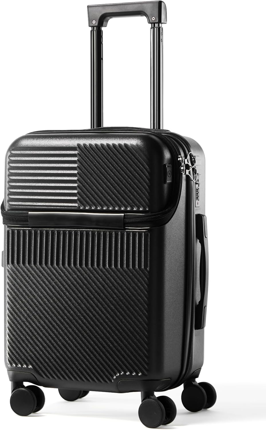 UrbanExplorer 20 Inch Carry-On Luggage with Front Opening, Cup Holder & USB Port, Lightweight ABS+PC Hardshell Spinner Suitcase, Airline Approved, 360° Wheels, Black