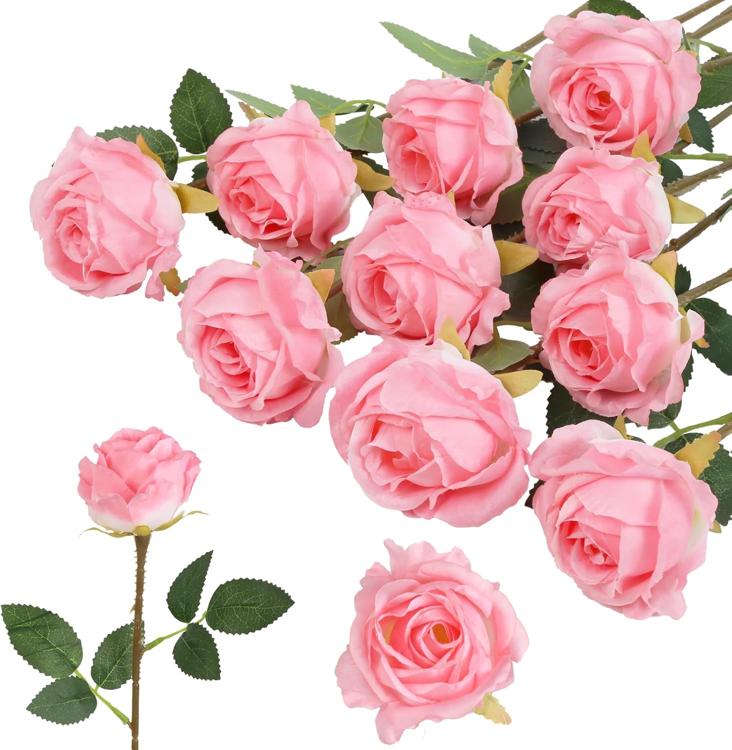 10Pcs Artificial Rose Flowers Pink Fake Roses with Long Stems Faux Silk Flowers for DIY Wedding Bouquets Cake Welcome Flowers Chair Back Home Party Decor (Pink)