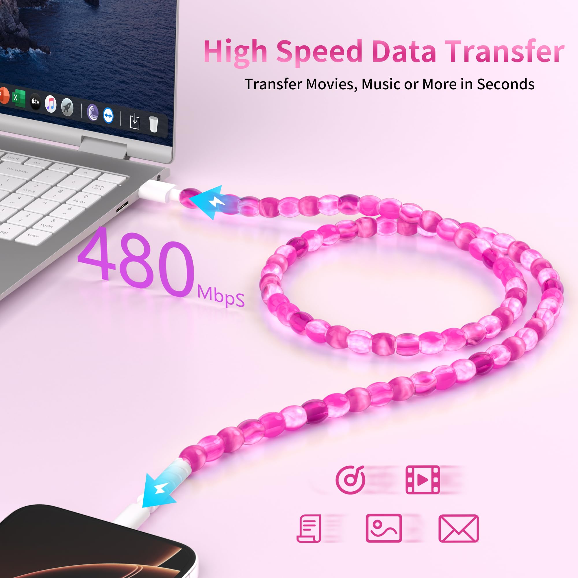 SAMONPOW Cavo USB C da 66 W USB a USB C Cavo di ricarica rapida 1,9 m carino giada perline di tipo C cavo di ricarica per donne ragazze cavo di ricarica per telefono per iPhone 16 15 Pro Galaxy S25