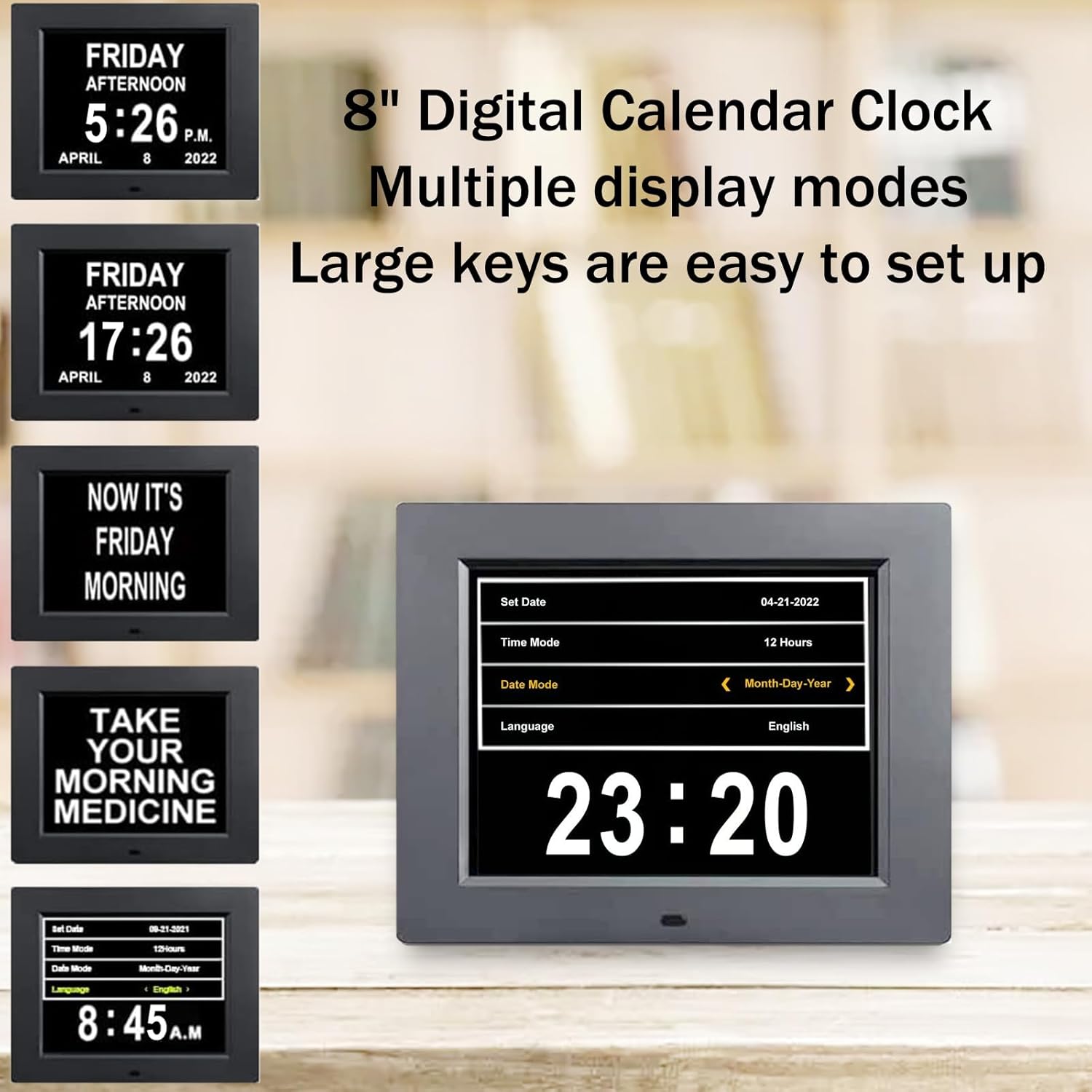 Johnziny 8 Inch Digital Calendar Day Clocks for Seniors-8 Alarms, Auto-Dim, Digital Clock Large Display Date and Day,Dementia Clocks for Seniors,Electronic Calendar with Large Number Black