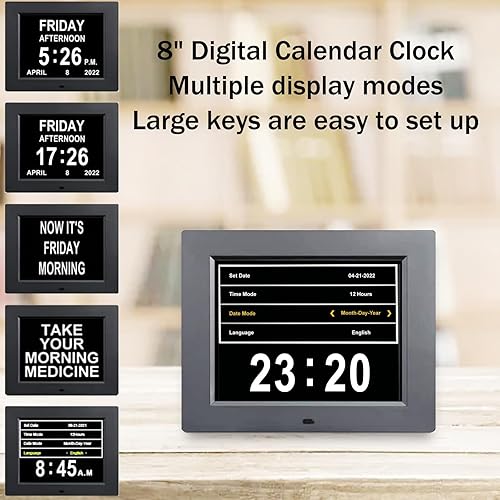 Miniatura 4 de Calendario digital de 8 pulgadas para personas mayores, 8 alarmas, atenuación automática, reloj digital de gran pantalla con fecha y día para