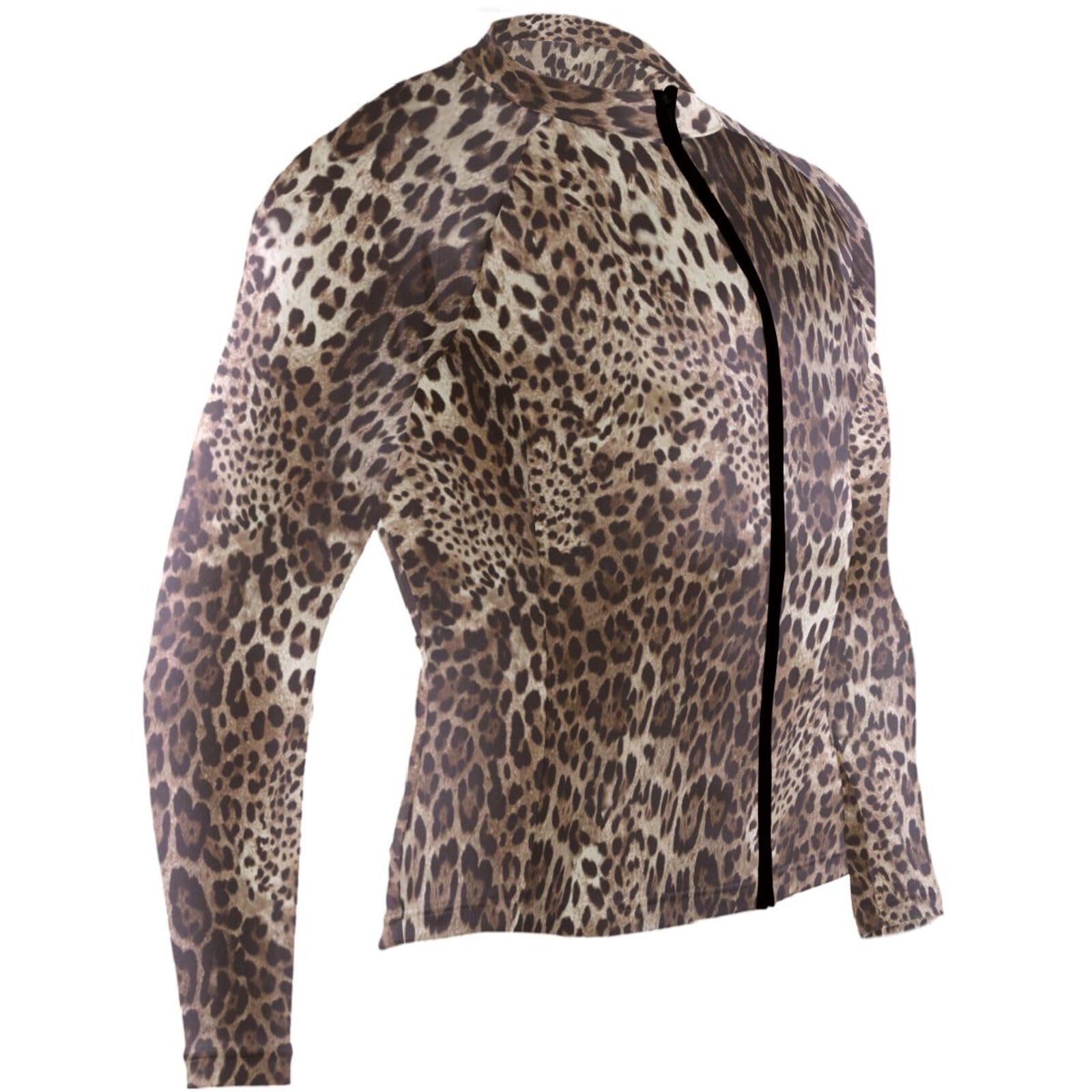 JHKKU Men's Cycling Jersey Leopard Print Long Sleeve Bike Clothing Biking Shirt Full Zip with 3 Rear Pockets, Large