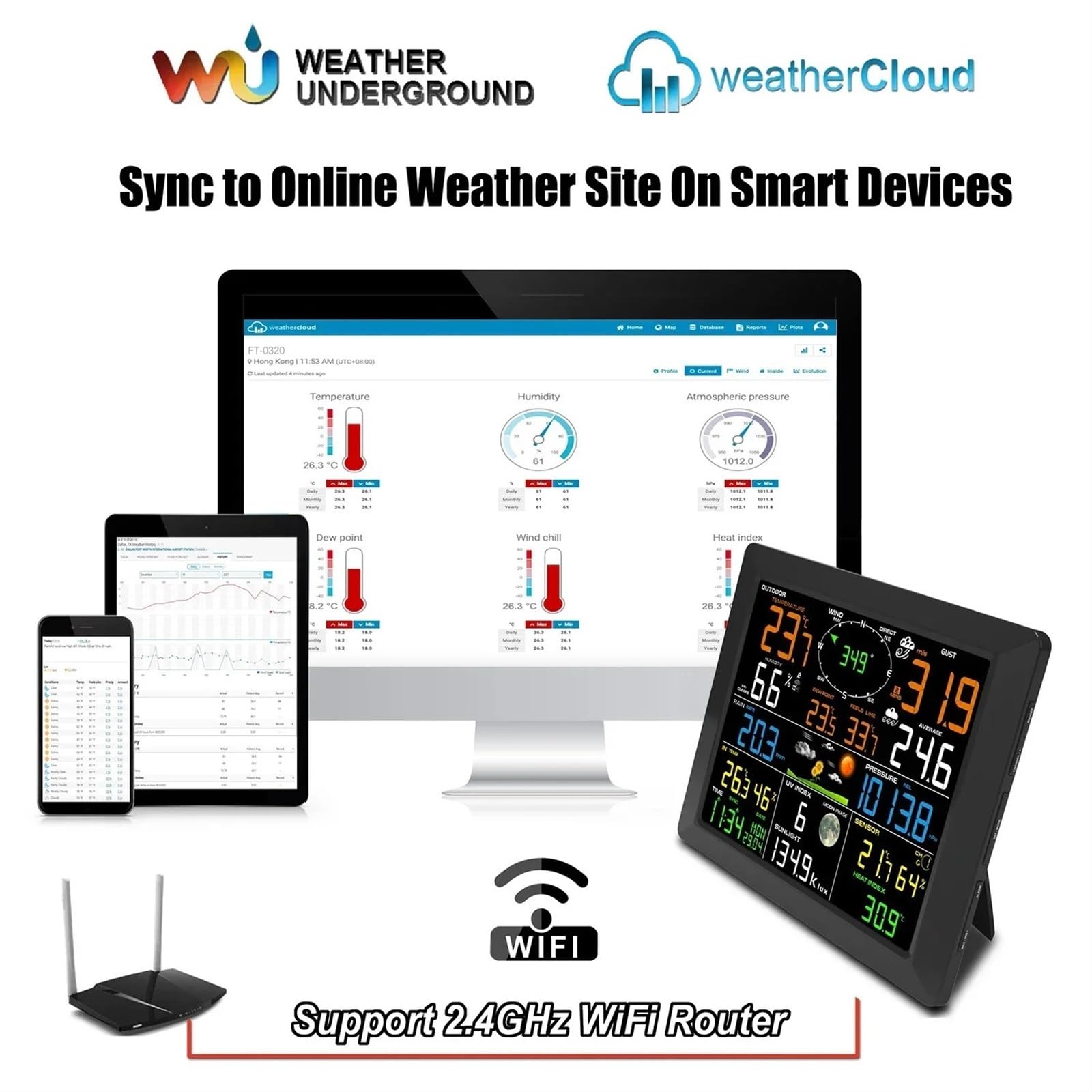 0320 Stazioni meteorologiche wireless Ampio display da 10 pollici Termoigrometro for interni ed esterni Pluviometro Velocità del vento Supporti a 8 canali