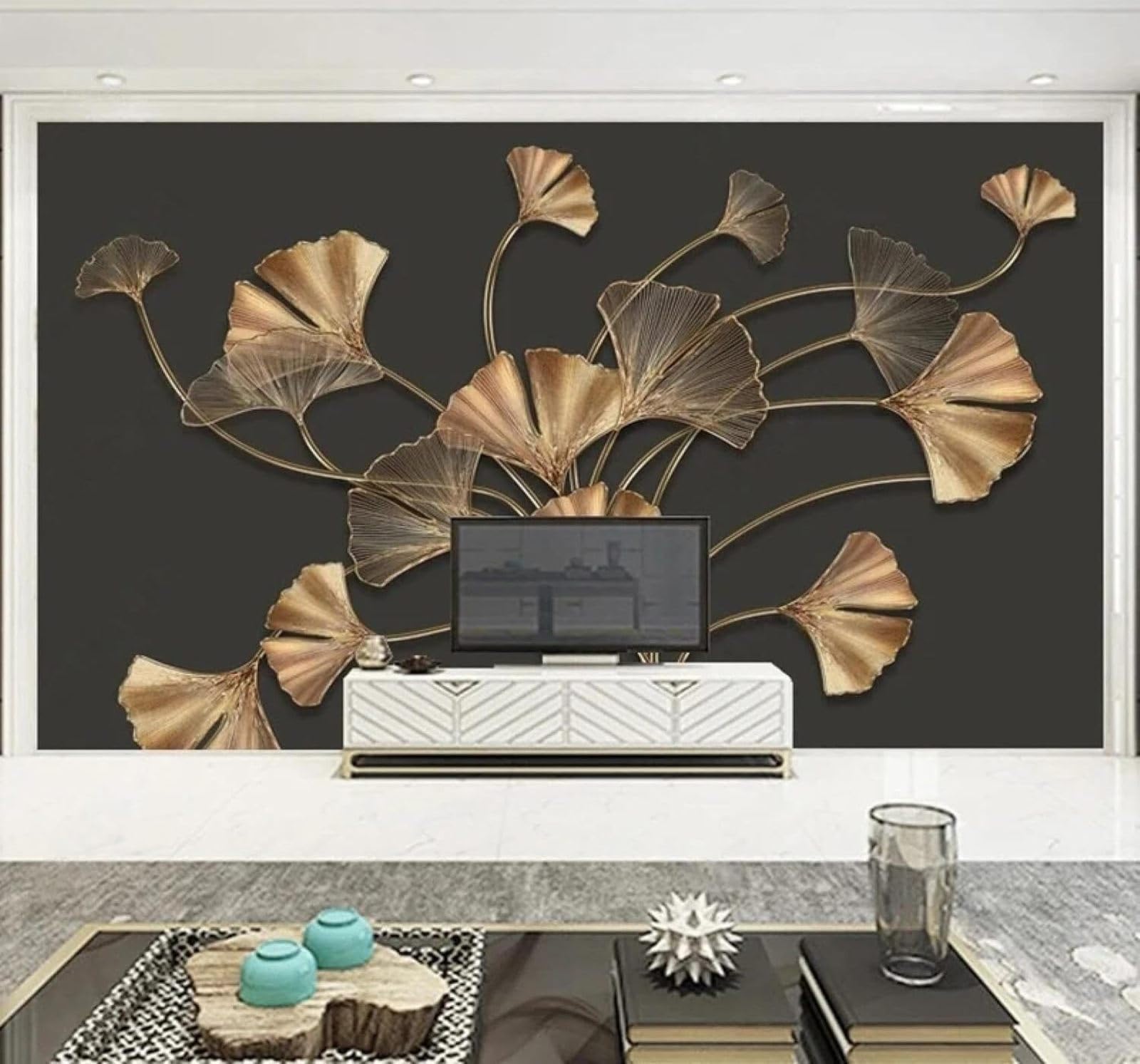 XLMING Minimalist Light Luxury Plants Gold Ginkgo Leaves 3D Wallpaper Luxury Silk Study Dining Feature Sofa Grey Bedroom Living Room Tv Decorative Wall-350cm×256cm