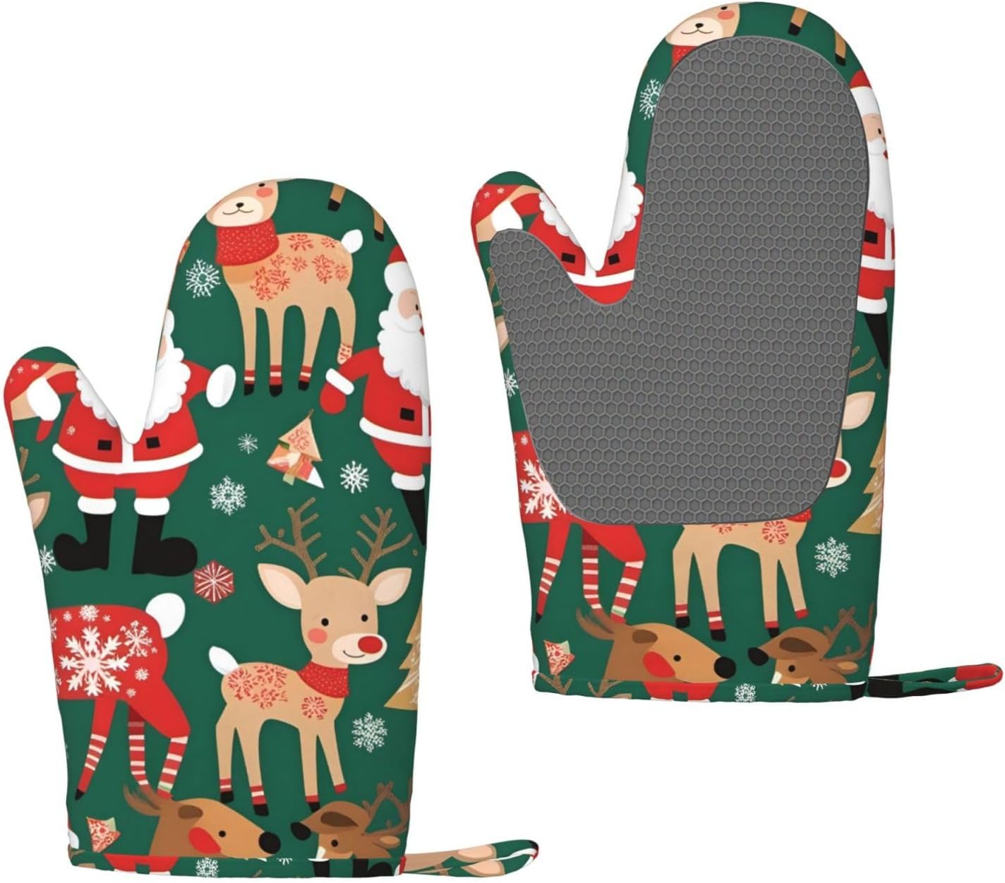 Silicone Oven Gloves Sets Barbecue Mitts High Heat Resistance Anti Slip for Baking Cooking Santa Claus and Christmas Deer
