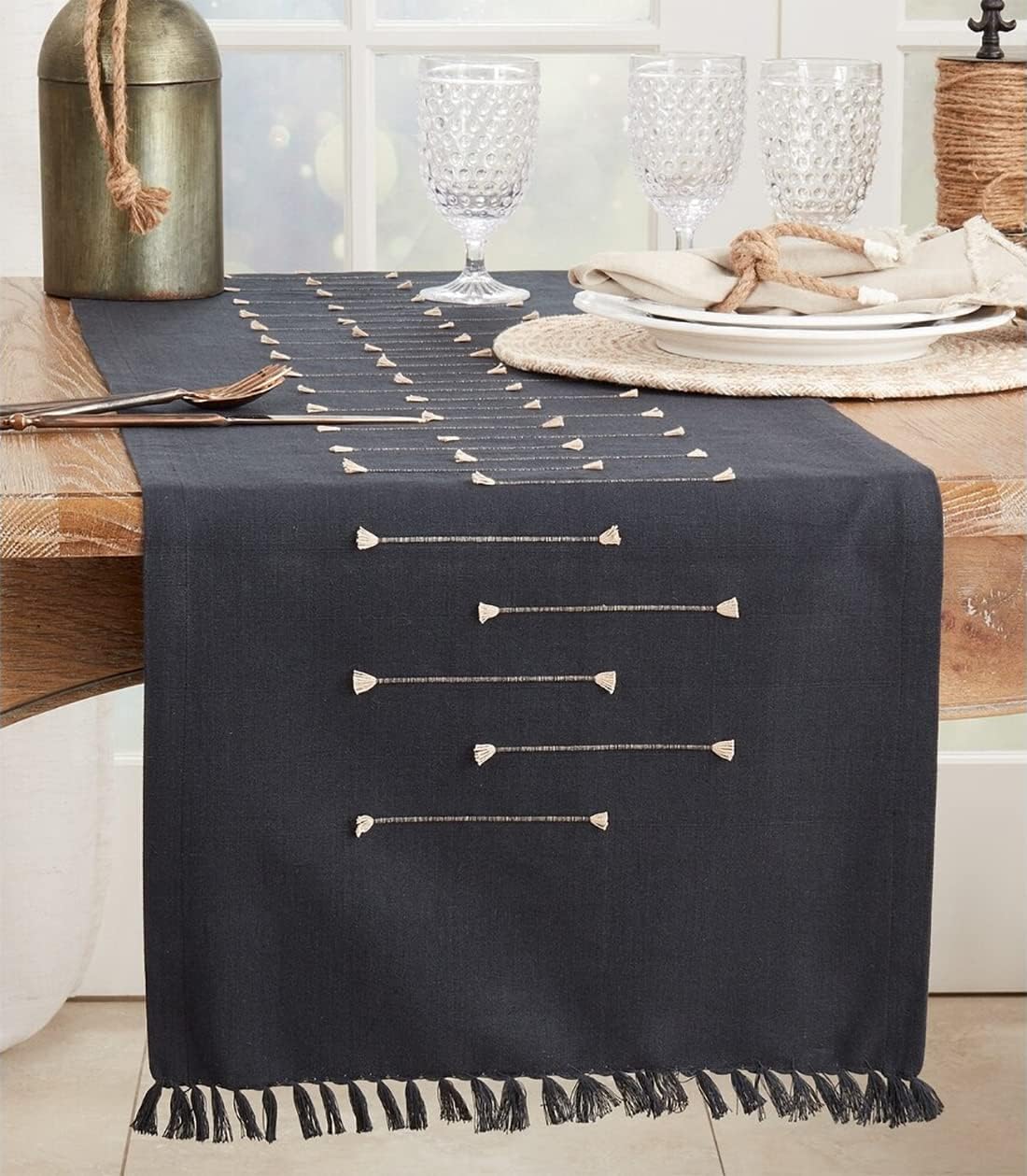 Fennco Styles Line Design Fringe Cotton Table Runner 16" W x 72" L - Black Table Cover for Home Décor, Dining Table, Banquet, Family Gathering, Everyday Use and Special Occasion