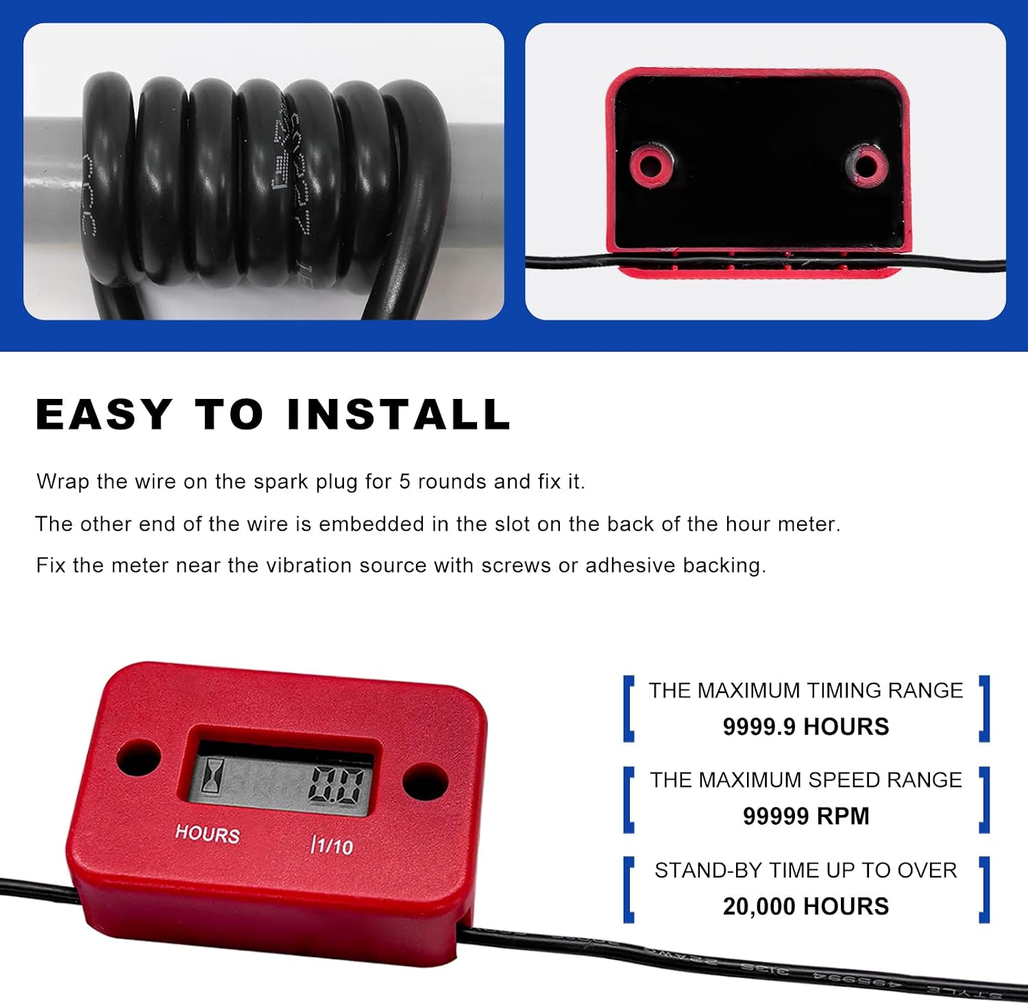 Sun Walker 2PCS Inductive Hour Meter, Waterproof Hour Meter Automatically Shutdown Hr Counter, Digital LCD Hourmeter Maintenance Reminder for Gas Engine Powered Motorcycle Snowmobile (Black+Red)