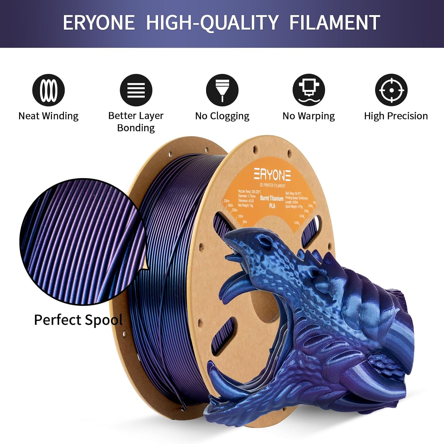 ERYONE Burnt Titanium PLA Filament 3D Printer PLA Filament 1.75mm +/- 0.03mm, Glitter PLA Filament 1KG Cardboard Spool(2.2LBS), Blue Purple