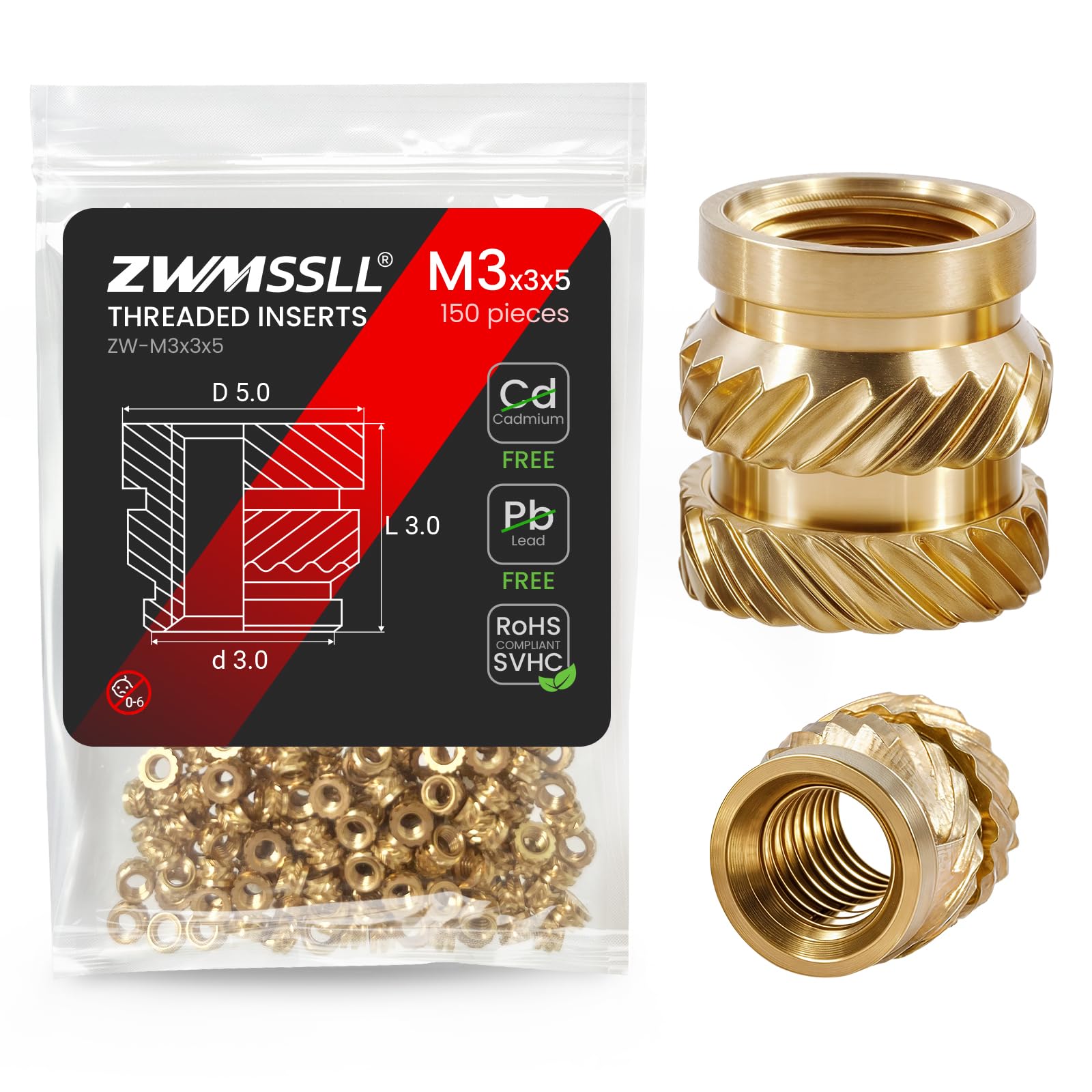 ZWMSSLL Heat-Set Threaded Inserts, M3x3x5mm Heat Set Insert for 3D Printing Components and Plastic Parts(150Pieces),Brass Metric Knurled Nuts — image 1