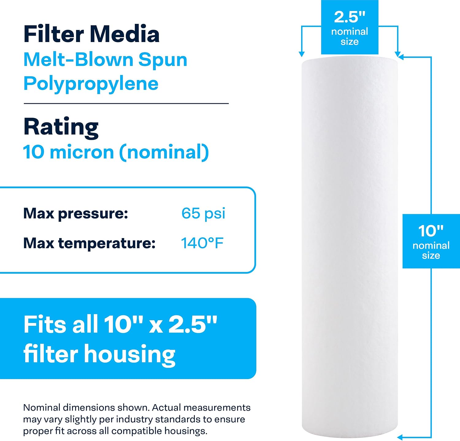SpiroPure SP-P10 10x2.5 10 Micron Spun Melt-Blown Polypropylene Sediment Water Filter Cartridge SDC-25-1010 (Case of 24)