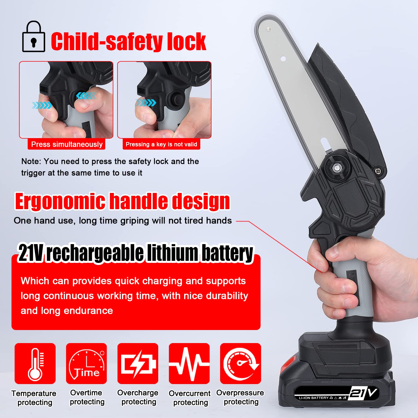 BRRNOO Tronçonneuse électrique sans Fil 21 V 6 Pouces, Moteur sans Balais, Tronçonneuse Portable Légère avec Verrouillage de sécurité et Protection Amovible pour (2 piles pièces prise ue)